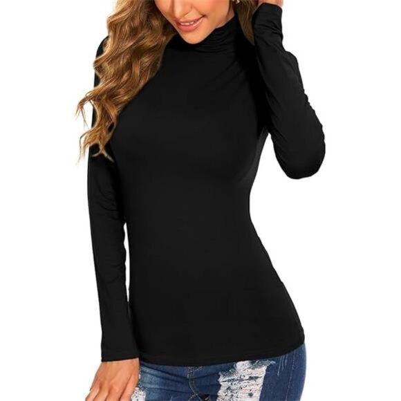Women's Long Sleeve Mock Turtleneck Tops Casual Slim Fitted Lightweight - Picture 4 of 6